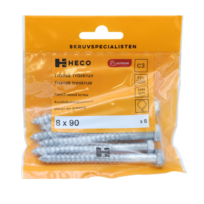 Träskruv Fransk 8 x 90 mm 6-pack Heco